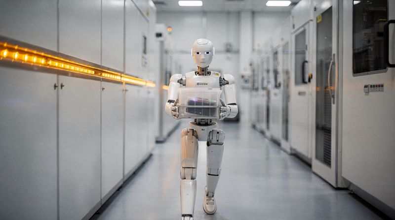 A sealed white humanoid robot carrying a wafer pod through a cleanroom