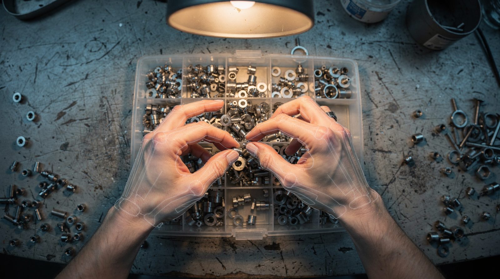 First-person view of hands sorting mechanical parts on a workbench