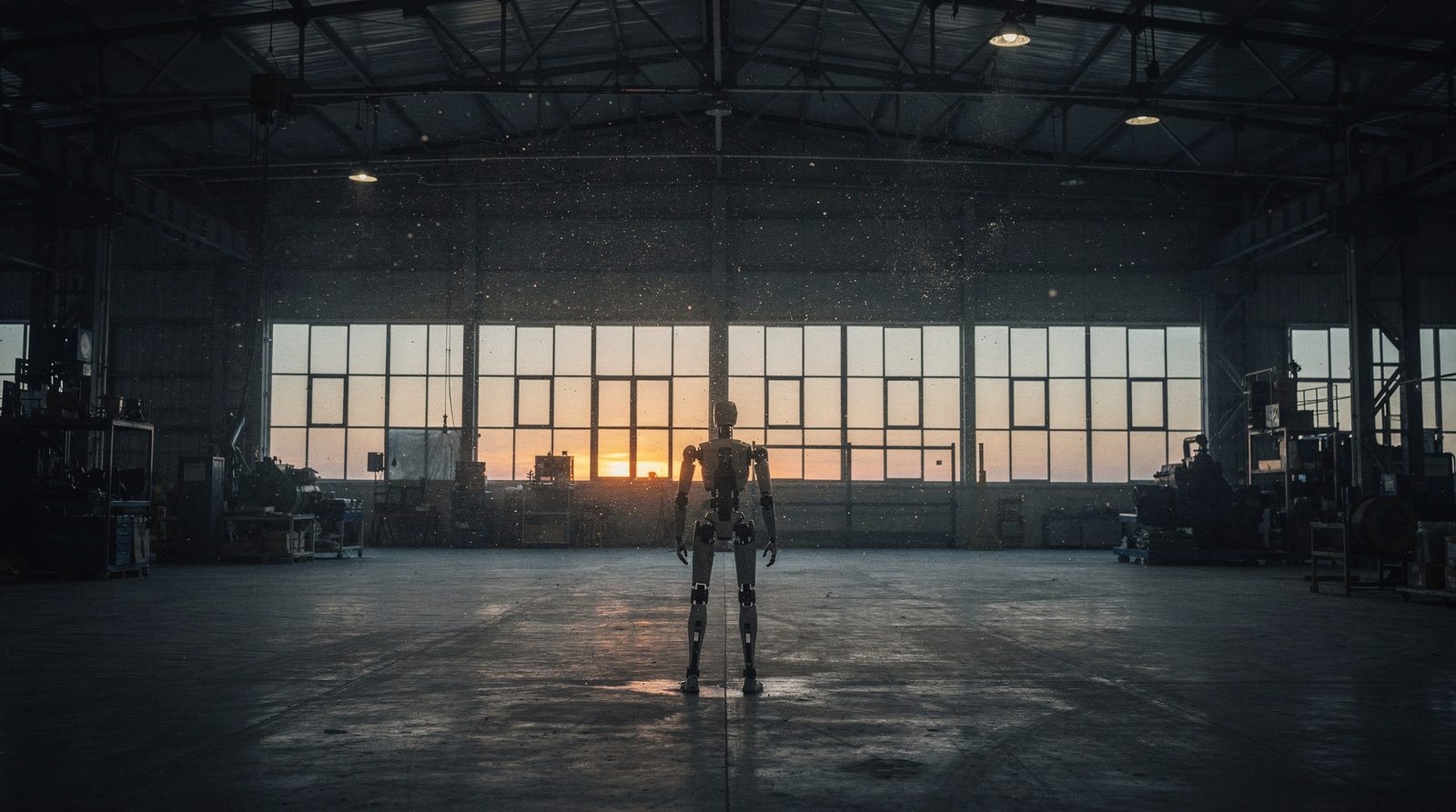 A humanoid robot standing alone in an empty factory hall at dawn