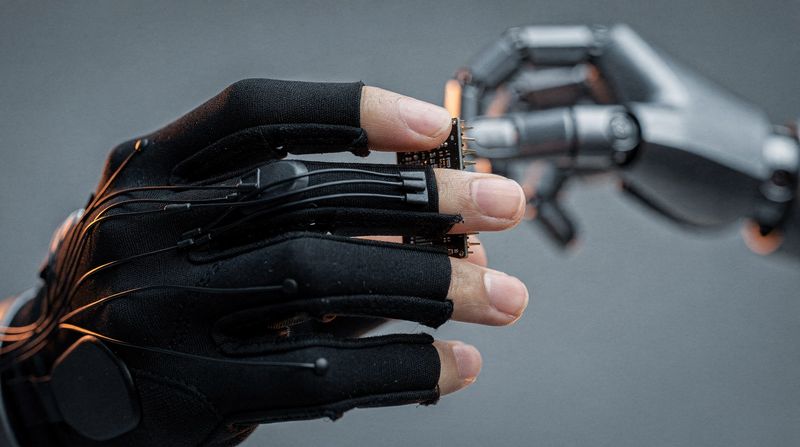 A hand in a thin tactile data glove gripping a metal component