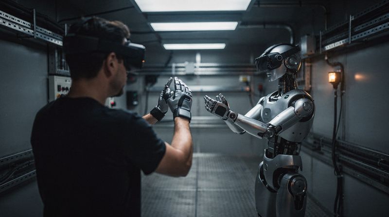An operator in a VR headset mirrored by a humanoid robot