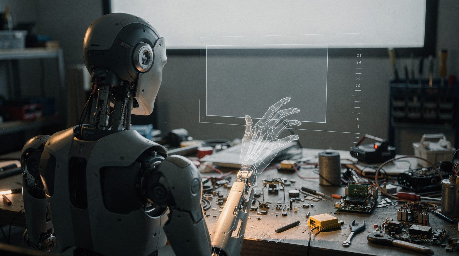 A humanoid robot facing a workbench with faint graphic overlays of a camera frame and a motion trace