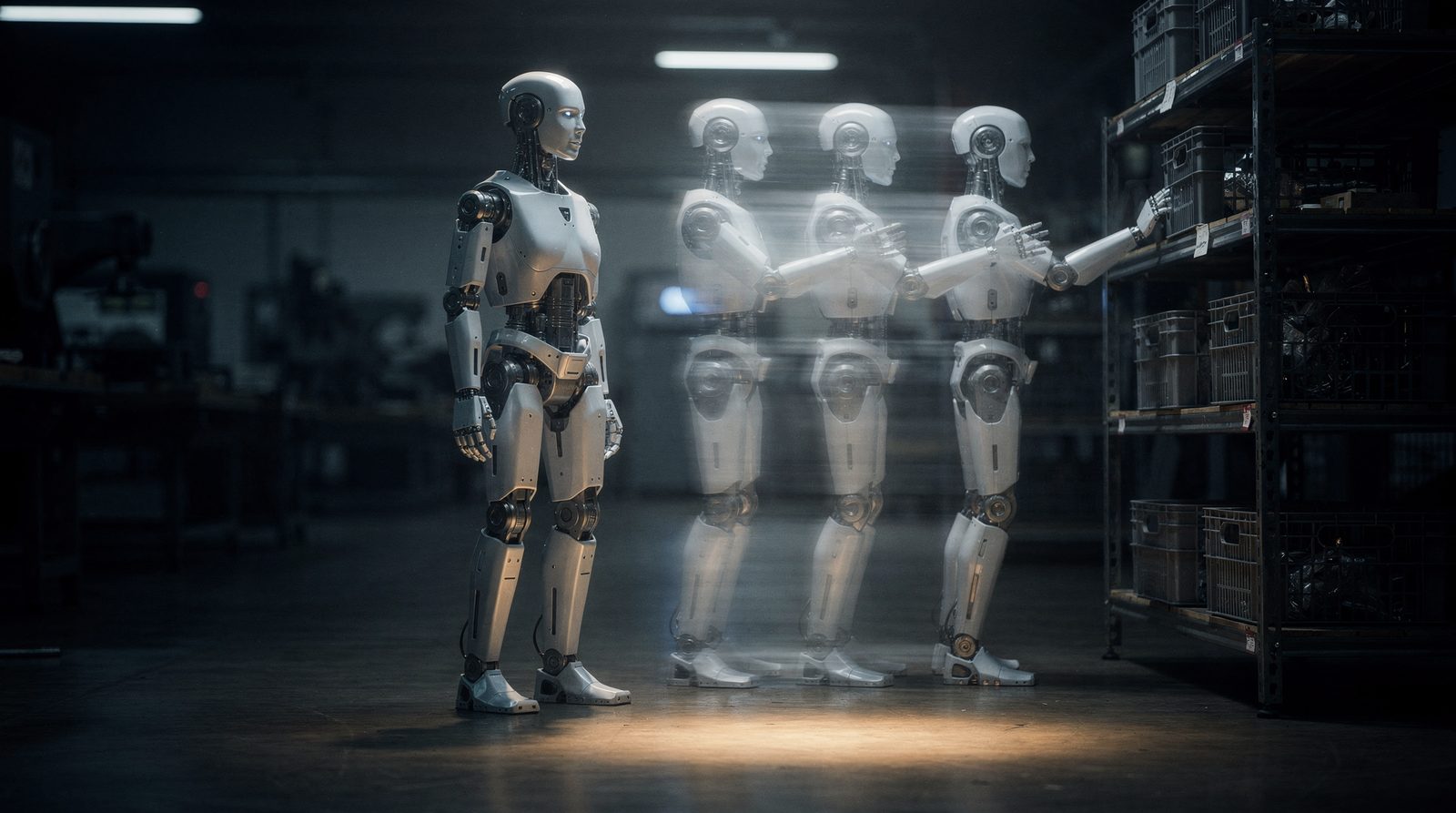 A humanoid robot standing still while three faint translucent copies of it rehearse different reaches