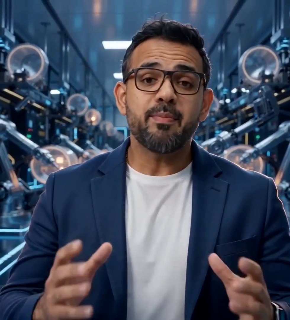 Ram Agarwal, photographed among robotic arms on a production line